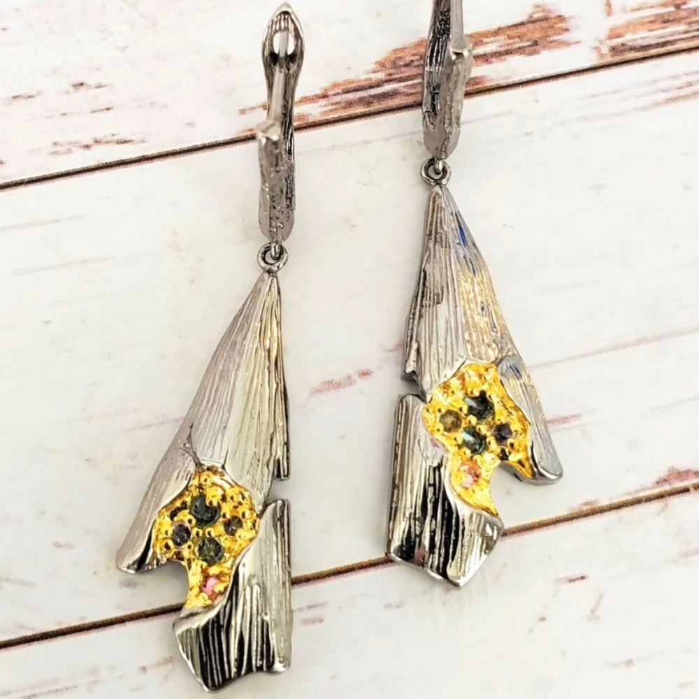 2- Tone Sterling Silver &14k Tourmaline Earrings